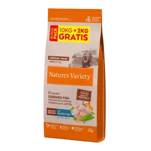 Nature'S Variety Healthy Grain Adult Medium Maxi White Fish cibo per cani 10+2Kg