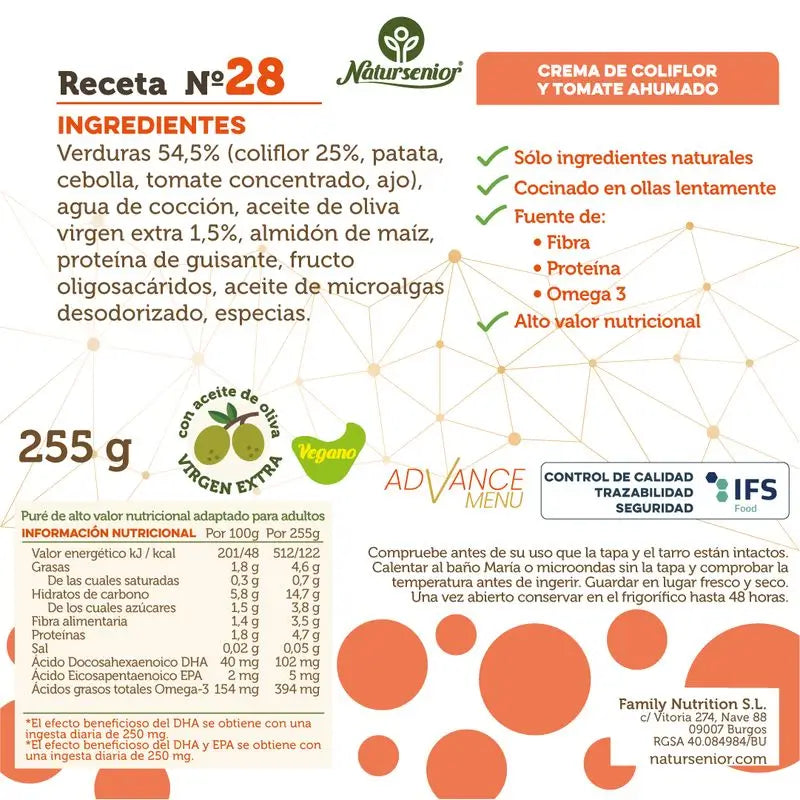 Natursenior Adult Crema Vegetale con Cavolfiore e Pomodoro Affumicato con Omega 3 Dha, Prebiotici e Proteine. , 255 gr