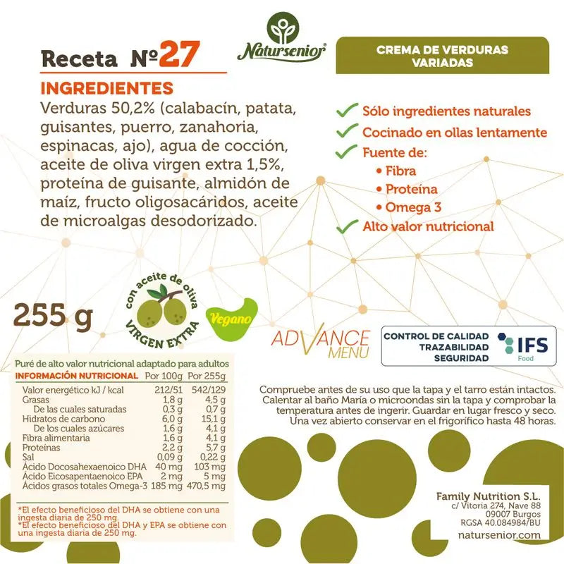 Natursenior Adult Crema di Verdure Miste con Omega 3 Dha, Prebiotici e Proteine. , 255 gr