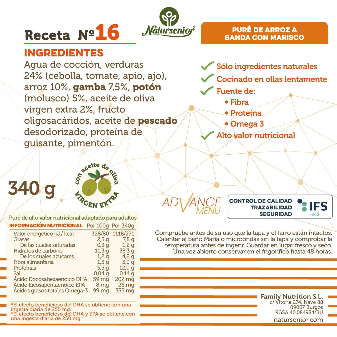 Natursenior Adult Purè di riso con frutti di mare con Omega 3 Dha+Epa, Prebiotici e Proteine. , 340 gr