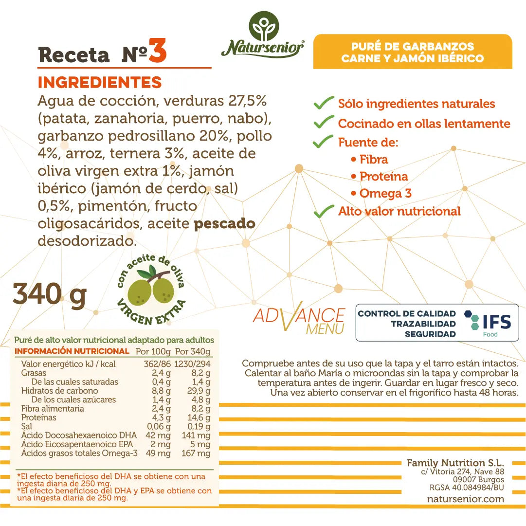 Natursenior Adult Purè di Ceci con Carne e Prosciutto Iberico con Omega 3 Dha+Epa, Prebiotici e Proteine. , 340 gr