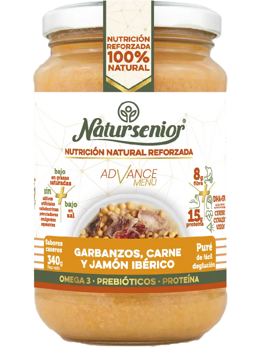 Natursenior Adult Purè di Ceci con Carne e Prosciutto Iberico con Omega 3 Dha+Epa, Prebiotici e Proteine. , 340 gr