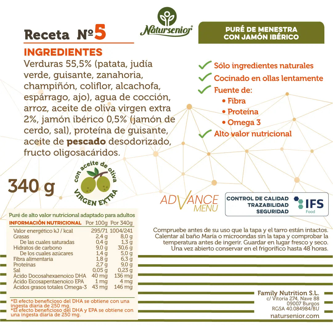 Natursenior Adult Purè con Prosciutto Iberico con Omega 3 Dha+Epa, Prebiotici e Proteine. , 340 gr