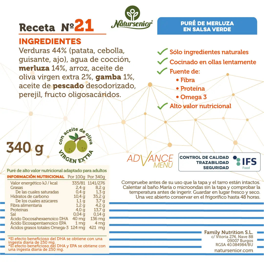 Natursenior Adult Purè di Nasello in Salsa Verde Rinforzato con Omega 3 Dha+Epa, Prebiotici e Proteine. , 340 gr
