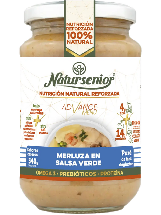 Natursenior Adult Purè di Nasello in Salsa Verde Rinforzato con Omega 3 Dha+Epa, Prebiotici e Proteine. , 340 gr