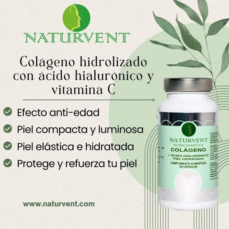 Naturvent Face Care Collagene idrolizzato con acido ialuronico e vitamina C, 60 capsule