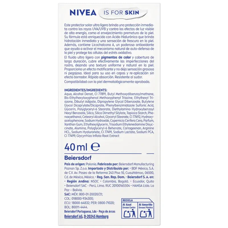 Nivea Sun Ultra Light Fluido Viso Quotidiano Tono Chiaro Spf50+ 40Ml