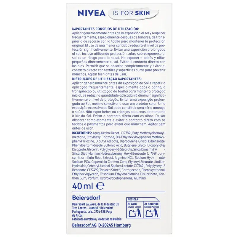 Nivea Sun Ultra Light Fluido Viso Quotidiano Tono Medio Spf50+ 40Ml