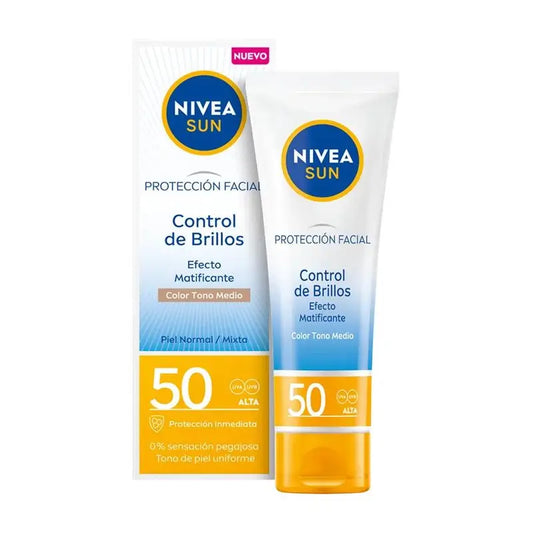 Nivea Sun Sun Protection Uv Shine Control Protezione viso con colore di tonalità media, 50 ml