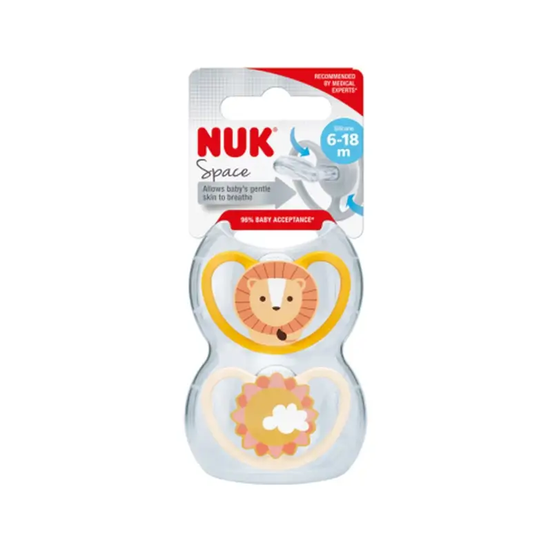 Ciuccio Nuk Space Leon/Sun T2 6-18M Silicone , 2 unità