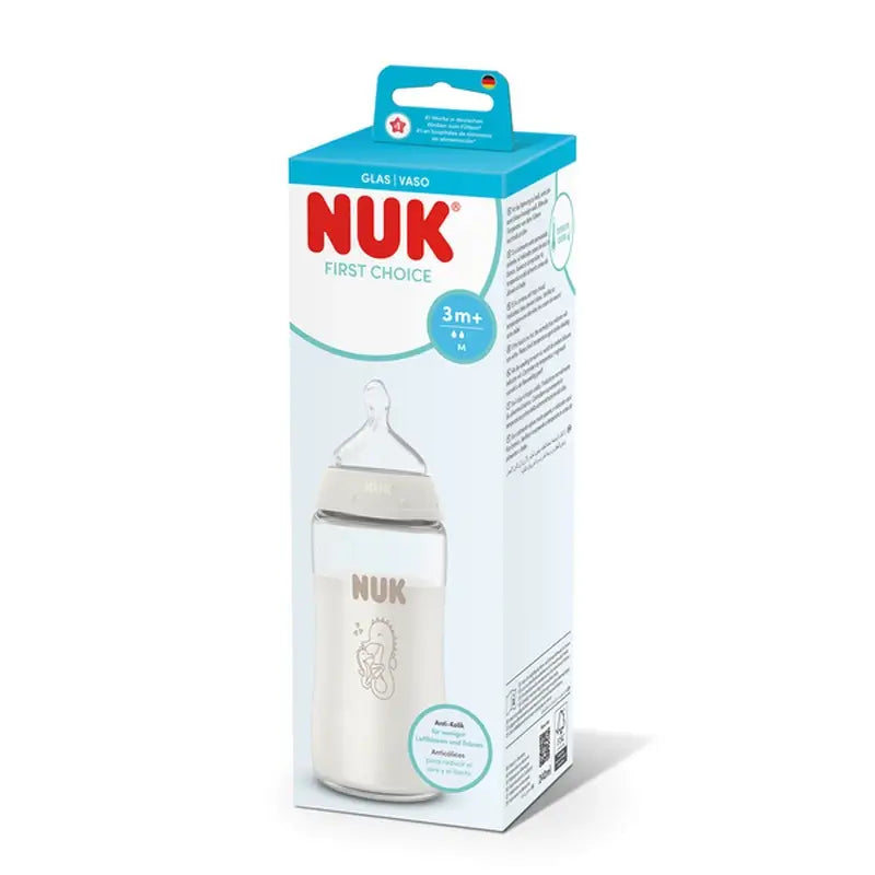 NUK First Choice+ Biberon in vetro da 240 ml, tettarella M (3 mesi+), cavalluccio marino