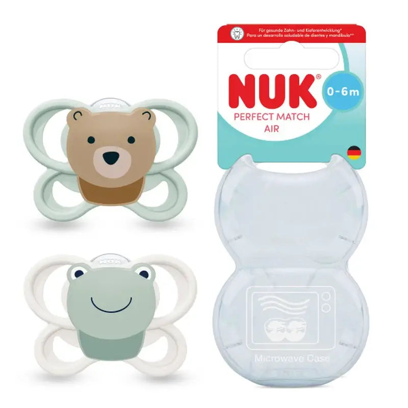 NUK Perfect Match Air Ciuccio in silicone T1 0-6 mesi Orso/Rana, 2 pezzi