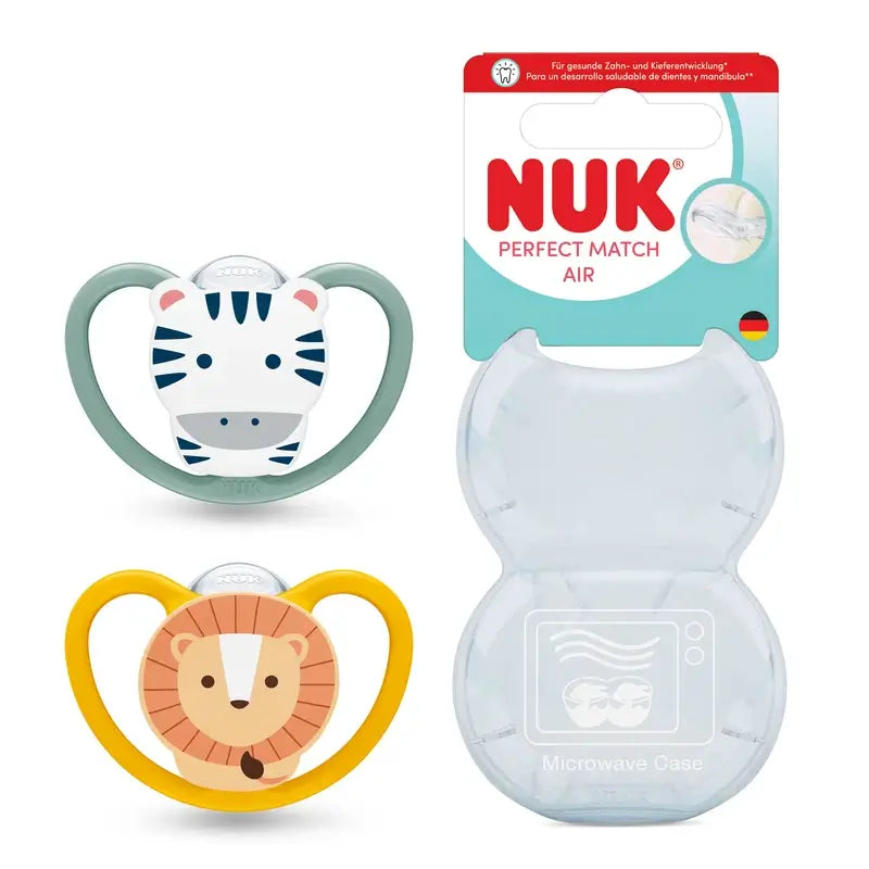 NUK Perfect Match Air Ciuccio in silicone T2 6-18 mesi Zebra/Leone, 2 pezzi