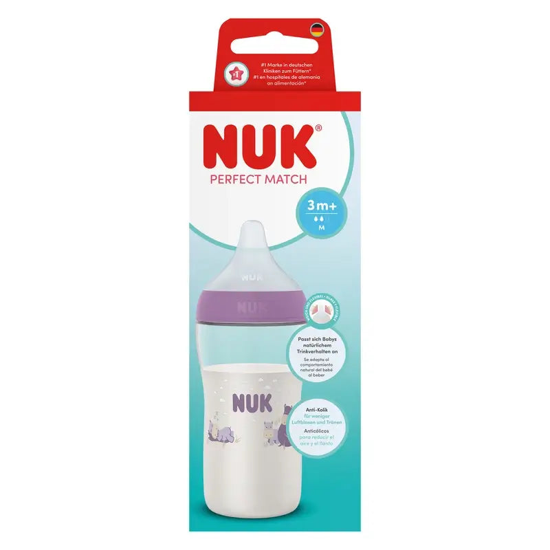 NUK Perfect Match Biberon da 260 ml, tettarella M, 3 mesi+, ippopotamo