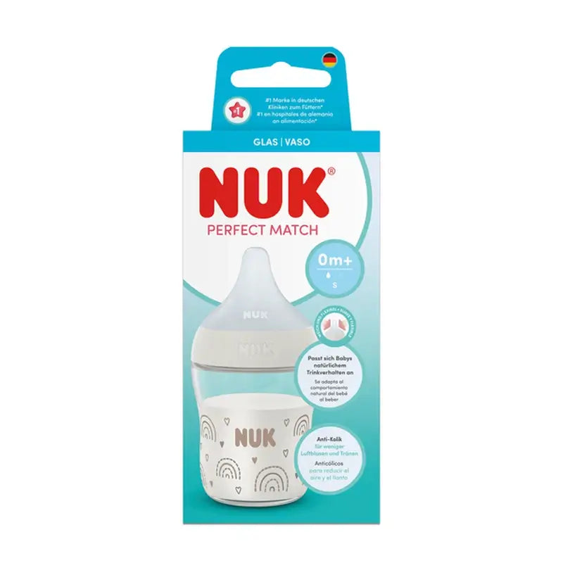 NUK Perfect Match Biberon in vetro da 120 ml, tettarella S 0m+, arcobaleno