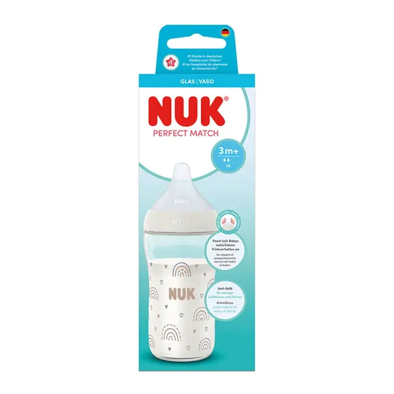 NUK Perfect Match Biberon in vetro da 230 ml, tettarella M 3m+, arcobaleno