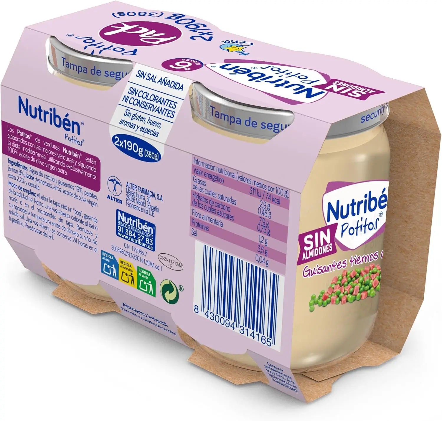 Confezione Nutribén Potito Piselli teneri con prosciutto, 2X190 g