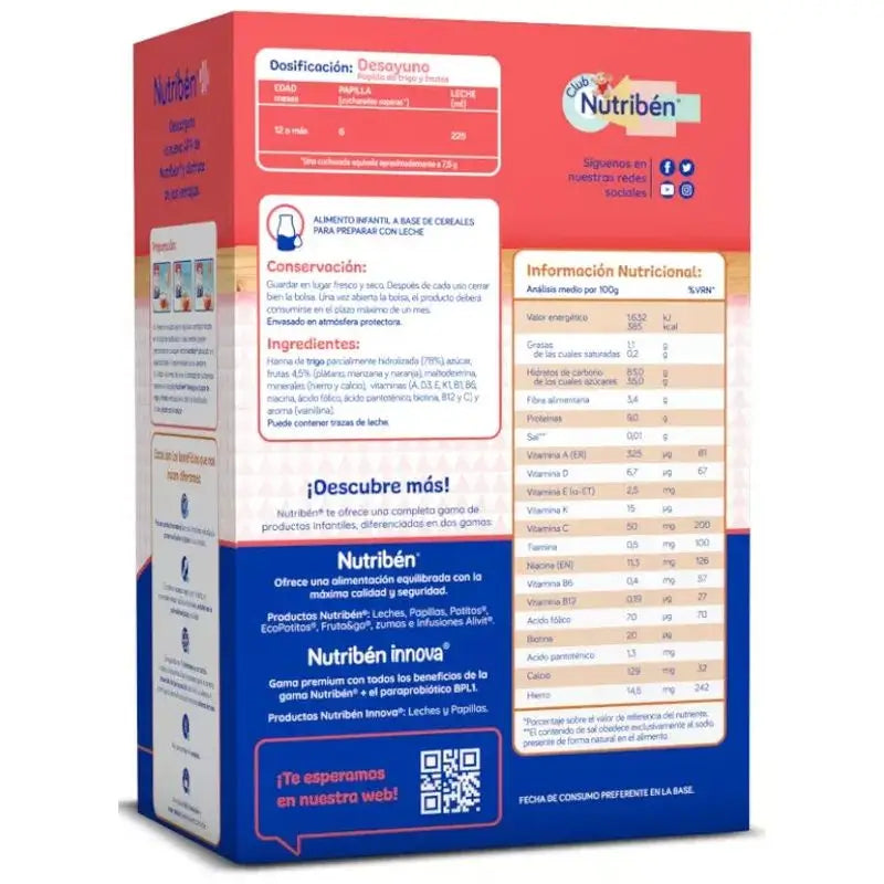 Nutribén Papilla Fiocchi per la colazione di grano e frutta, 750 g