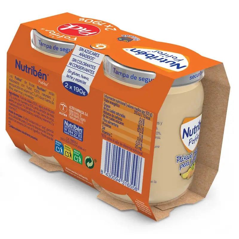Nutriben Alimenti per bambini Banana, Mandarino, Pera e Biscotto, 2 x 190 g