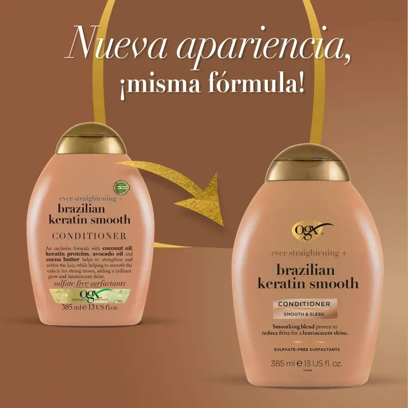 OGX Brazilian Keratin Conditioner, per capelli mossi o ricci, liscia, rinforza e idrata, 385ml