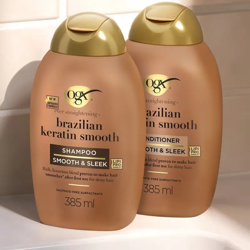 OGX Brazilian Keratin Conditioner, per capelli mossi o ricci, liscia, rinforza e idrata, 385ml