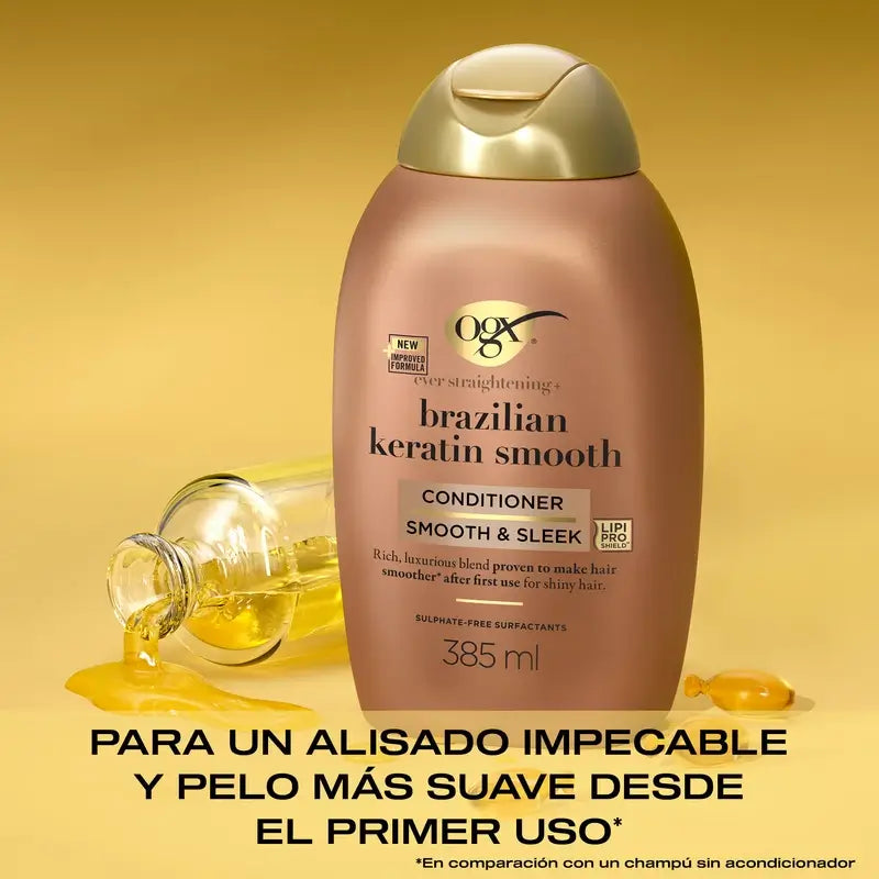 OGX Brazilian Keratin Conditioner, per capelli mossi o ricci, liscia, rinforza e idrata, 385ml