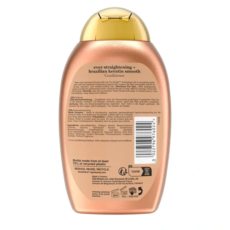 OGX Brazilian Keratin Conditioner, per capelli mossi o ricci, liscia, rinforza e idrata, 385ml