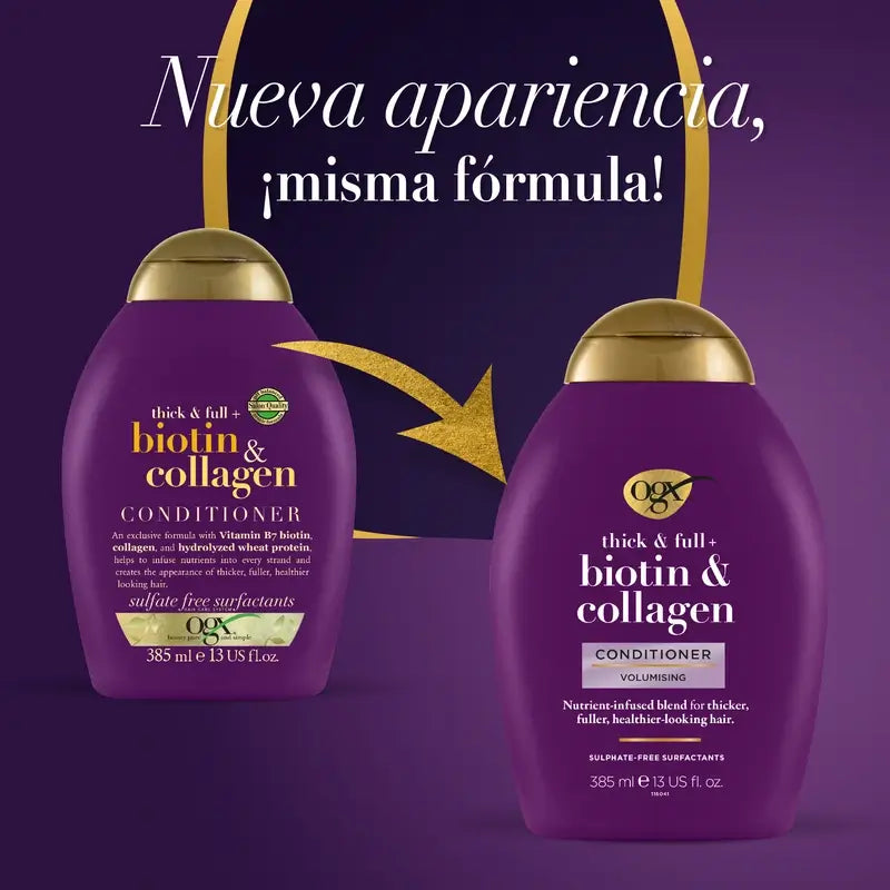 OGX Balsamo senza solfati, biotina e collagene, capelli voluminosi e sani, 385 ml