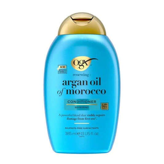 OGX Balsamo senza solfati per capelli danneggiati, all'olio di argan marocchino, leviga e rinforza, 385 ml