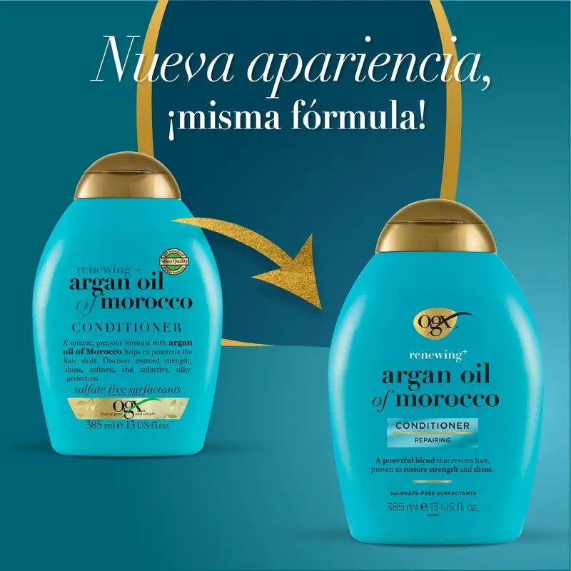 OGX Balsamo senza solfati per capelli danneggiati, all'olio di argan marocchino, leviga e rinforza, 385 ml
