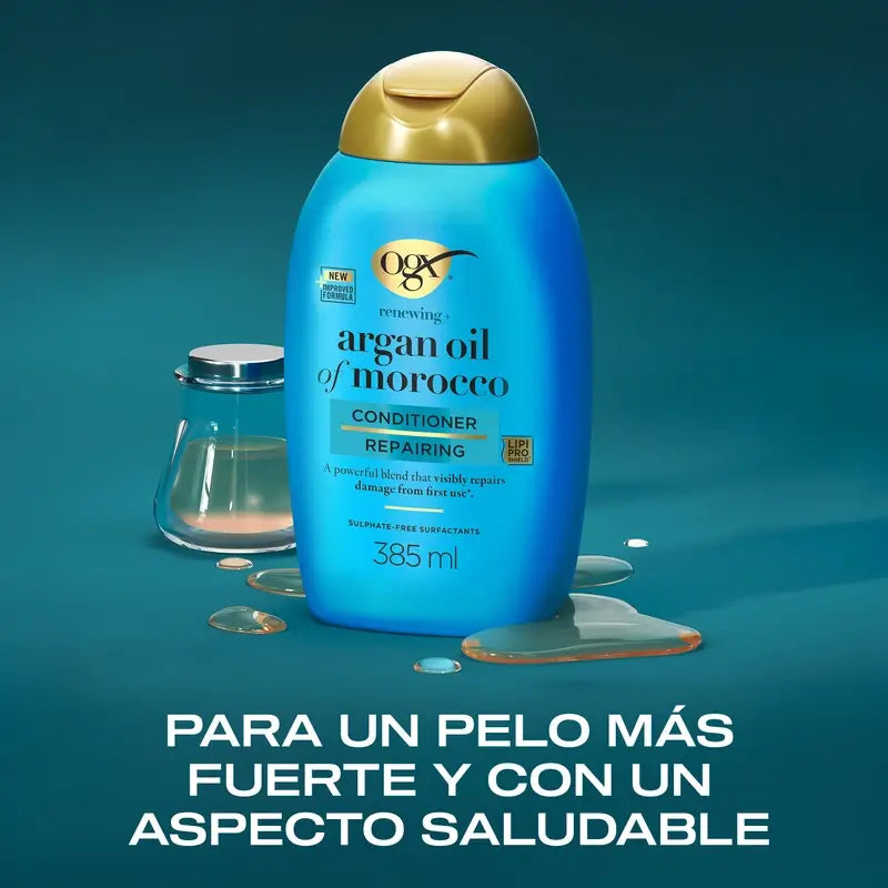 OGX Balsamo senza solfati per capelli danneggiati, all'olio di argan marocchino, leviga e rinforza, 385 ml