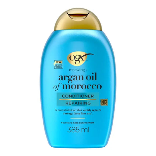 OGX Balsamo senza solfati per capelli danneggiati, all'olio di argan marocchino, leviga e rinforza, 385 ml