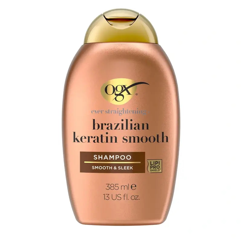 OGX Shampoo alla cheratina brasiliana, liscio e nutriente, per capelli mossi o ricci, lisci e lucenti, 385ml