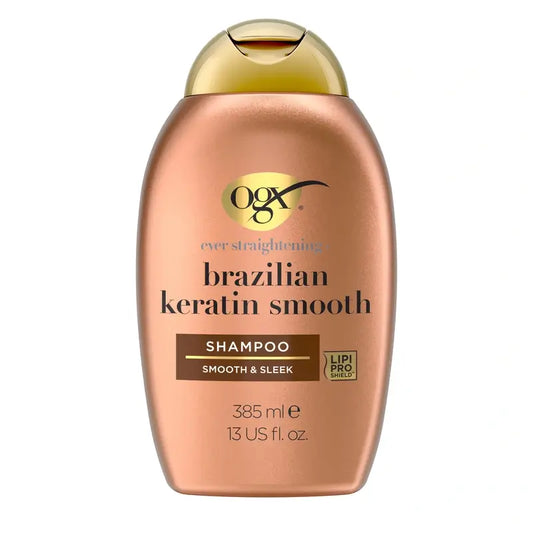 OGX Shampoo alla cheratina brasiliana, liscio e nutriente, per capelli mossi o ricci, lisci e lucenti, 385ml