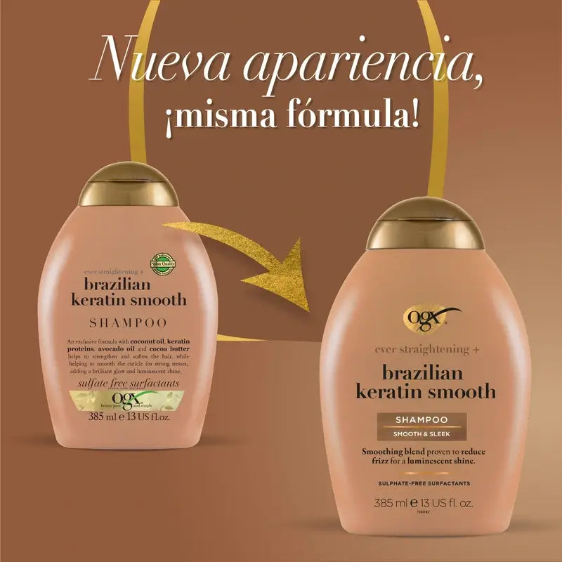 OGX Shampoo alla cheratina brasiliana, liscio e nutriente, per capelli mossi o ricci, lisci e lucenti, 385ml