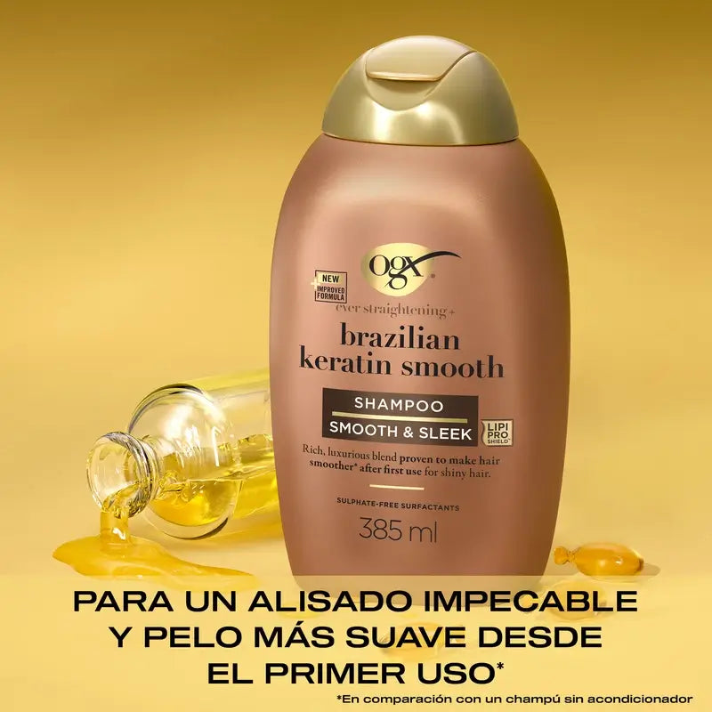 OGX Shampoo alla cheratina brasiliana, liscio e nutriente, per capelli mossi o ricci, lisci e lucenti, 385ml