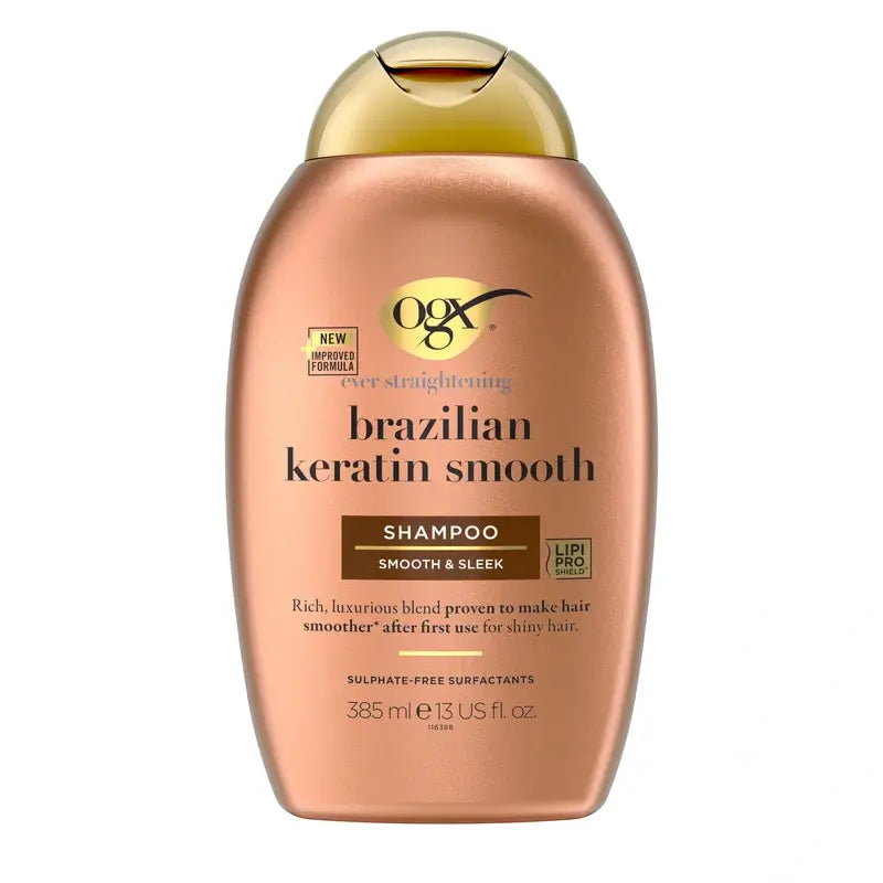 OGX Shampoo alla cheratina brasiliana, liscio e nutriente, per capelli mossi o ricci, lisci e lucenti, 385ml