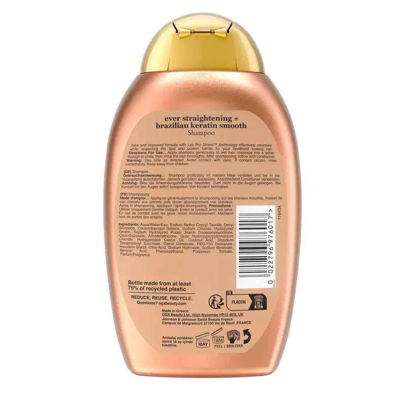OGX Shampoo alla cheratina brasiliana, liscio e nutriente, per capelli mossi o ricci, lisci e lucenti, 385ml