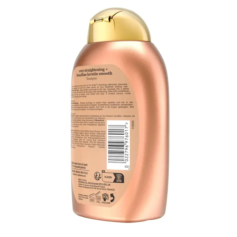 OGX Shampoo alla cheratina brasiliana, liscio e nutriente, per capelli mossi o ricci, lisci e lucenti, 385ml