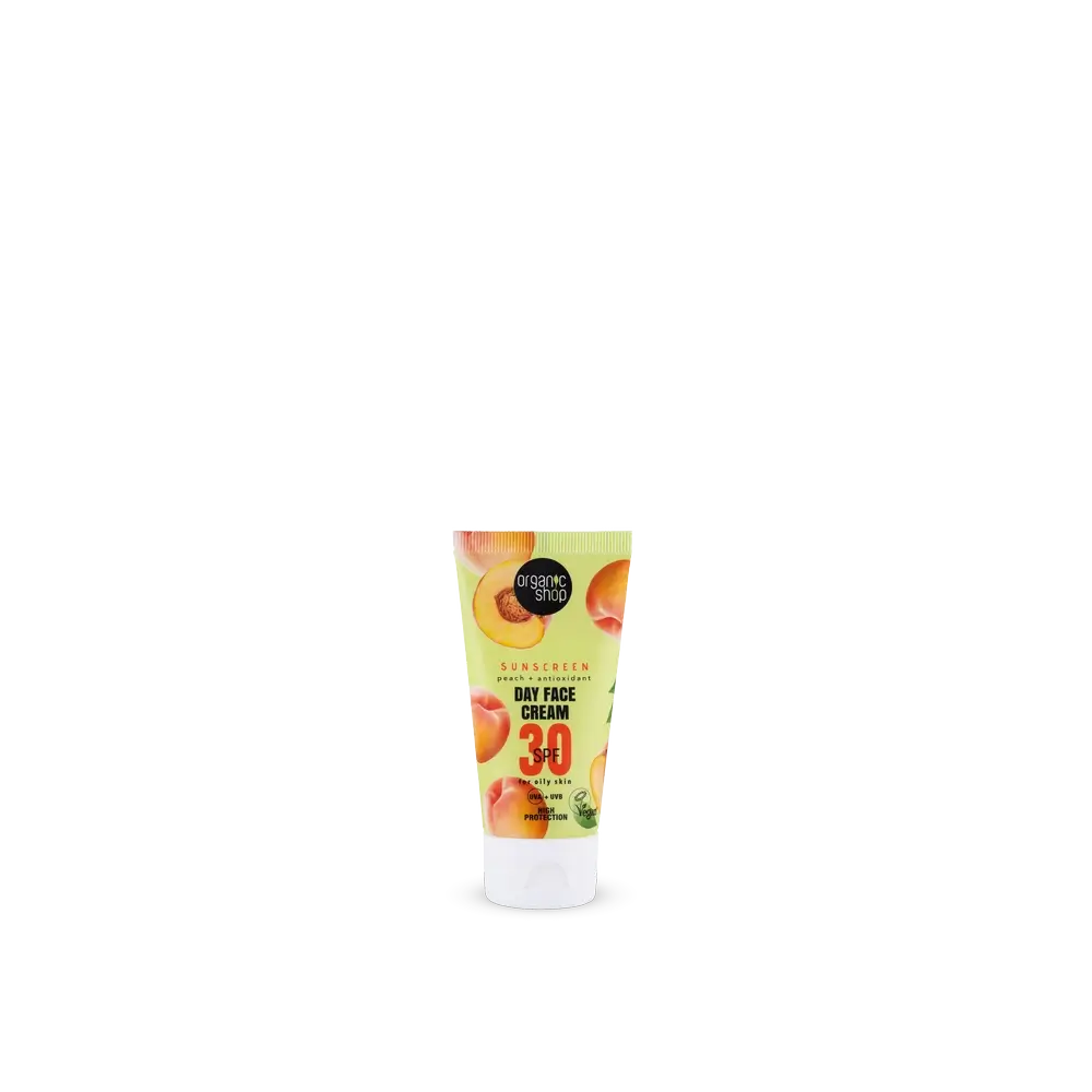 Organic Shop Crema viso giorno con protezione solare alla pesca + antiossidanti Spf30, 50 Ml