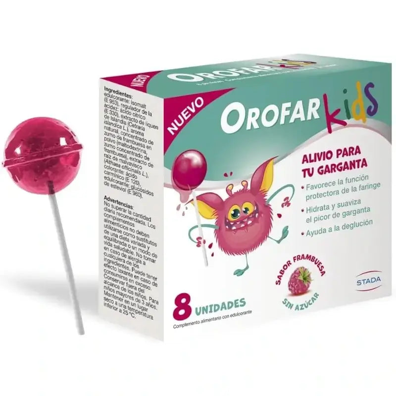 Orofar Kids Lecca-lecca al lampone senza zucchero per il prurito alla gola, 2x8 lecca-lecca