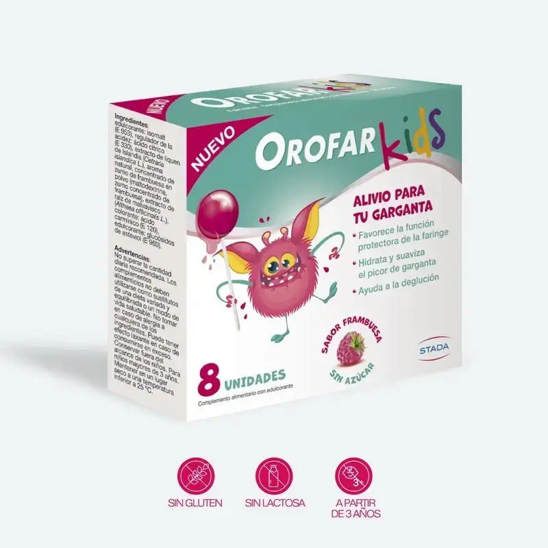 Orofar Kids Lecca-lecca al lampone senza zucchero per il prurito alla gola, 2x8 lecca-lecca