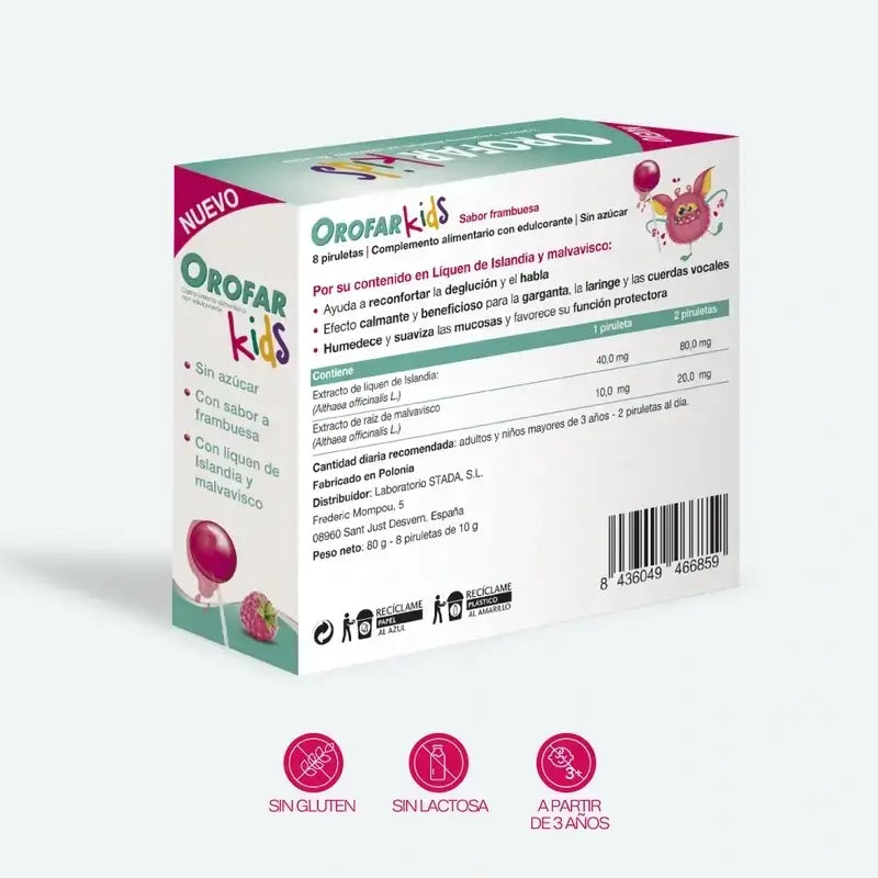 Orofar Kids Lecca-lecca al lampone senza zucchero per il prurito alla gola, 2x8 lecca-lecca