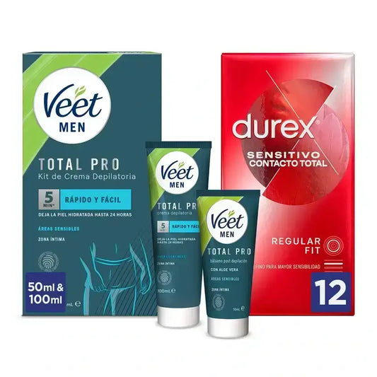 Confezione Durex Contatto Totale 12 pezzi + Kit Veet Uomo Aree intime