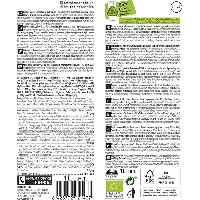 Ecomil Cocco Nature Bio, Confezione 1 L x 6 Unità
