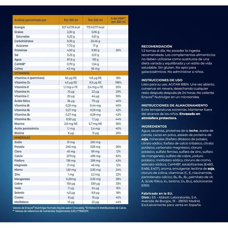 Ensure Nutrivigor Frullato al cioccolato, Confezione 8x220 Ml
