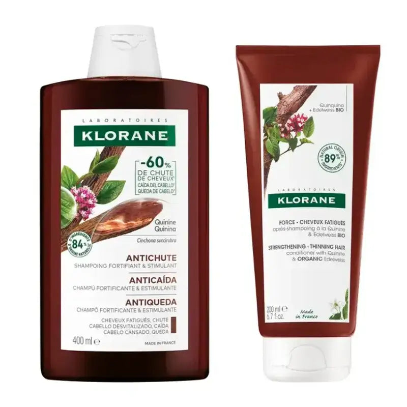 Confezione Klorane Shampoo bio chinino e stella alpina, 400 ml + Balsamo bio chinino e stella alpina, 200 ml