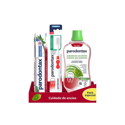 Confezione per la cura delle gengive alle erbe Parodontax (dentifricio + spazzolino + collutorio)