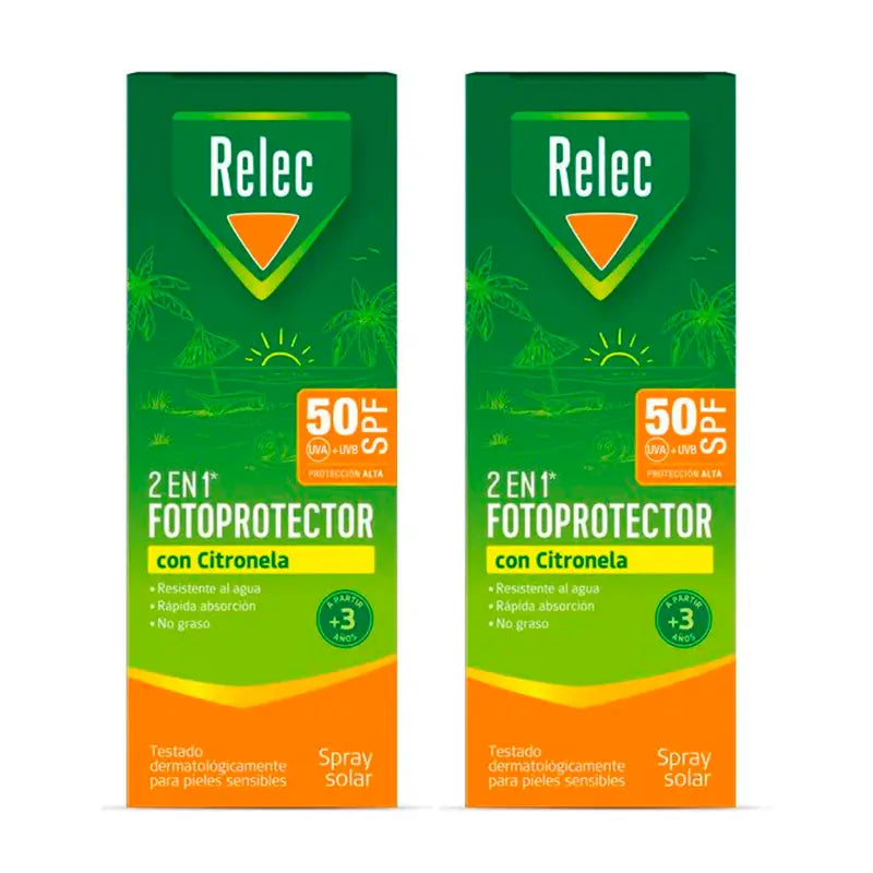 Relec Duplo 2 In 1 Fotoprotettore Spf50 Con Citronella, 2 x 100 ml