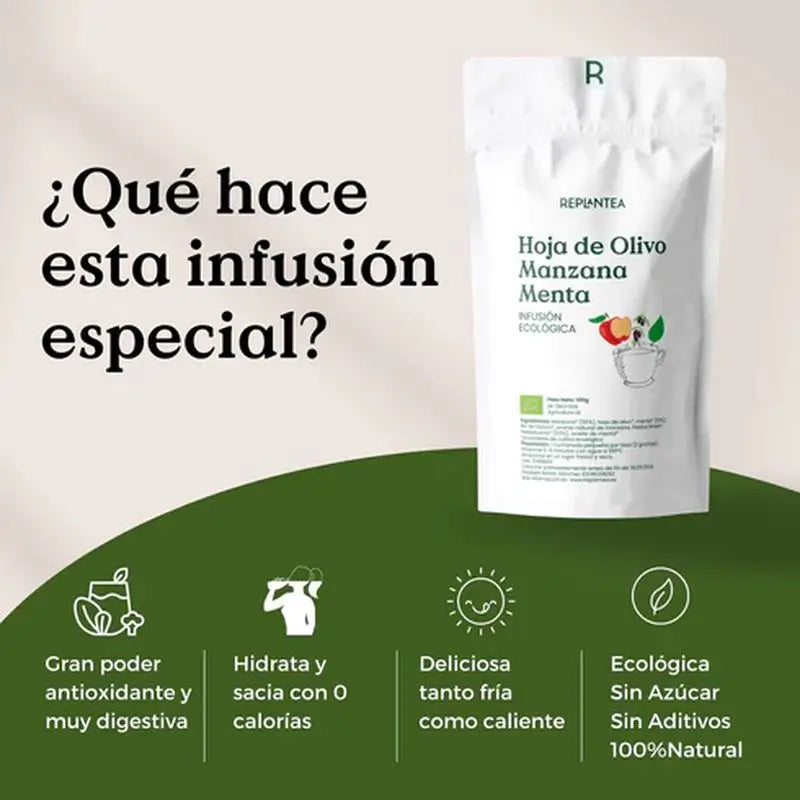 Replantea Infuso di foglie di olivo, mela e menta biologico, 100 g